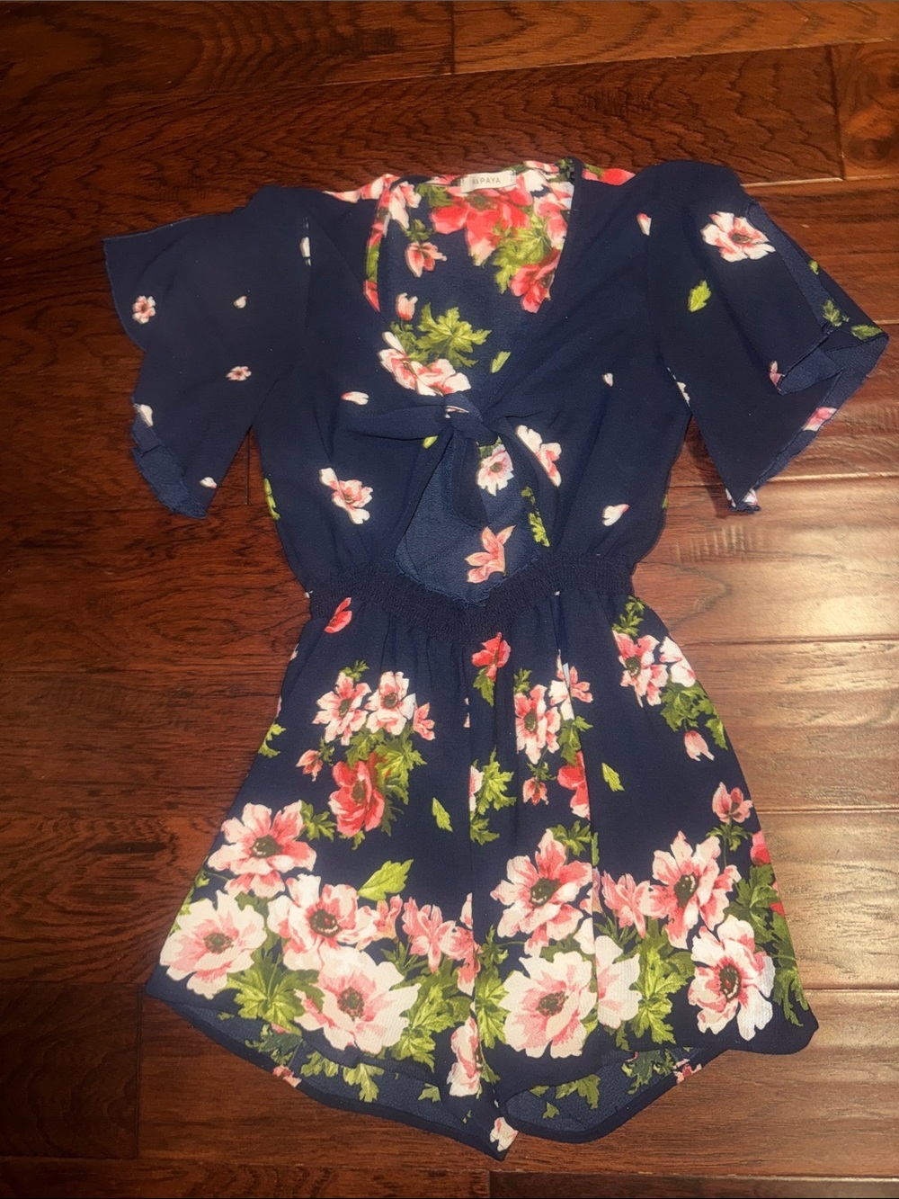 Papaya Navy Floral Tie-Front Top in Coral and Green